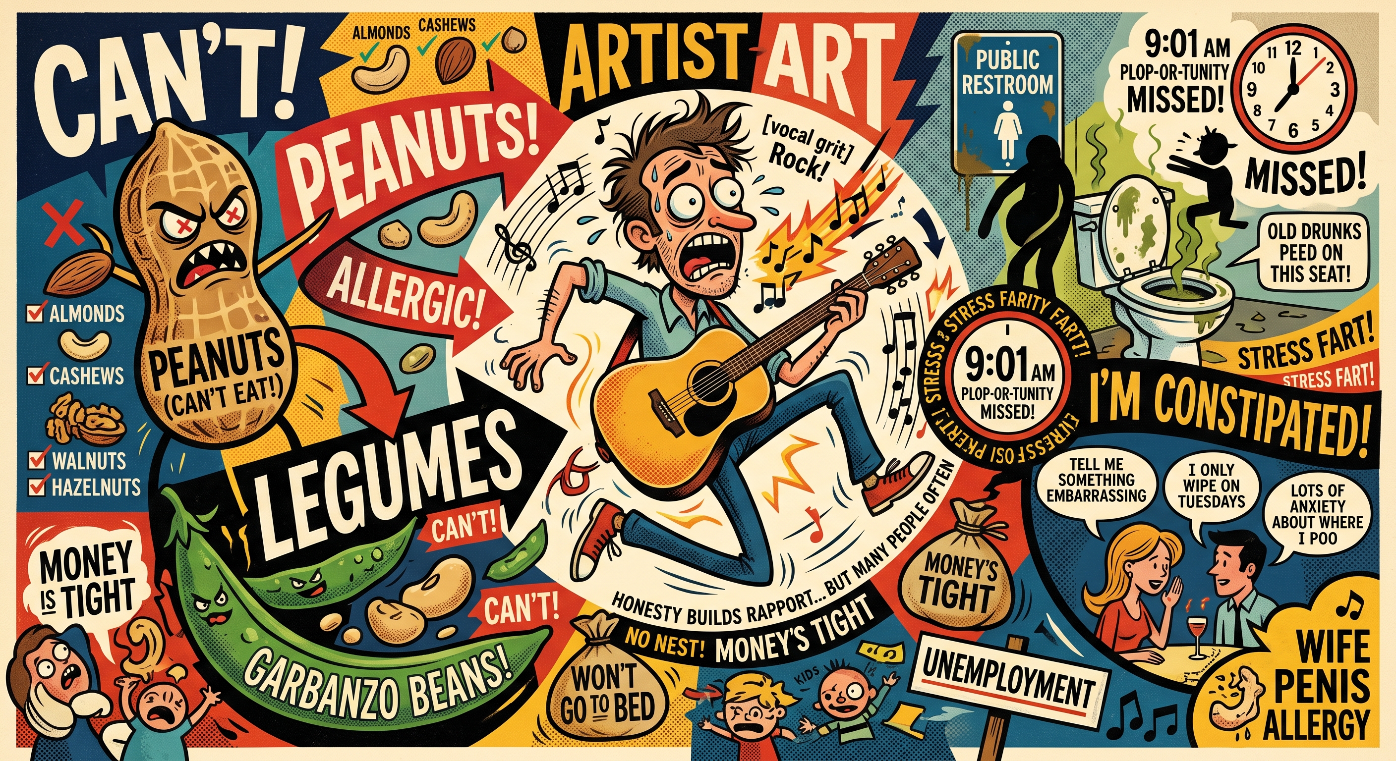 Cartoon of a tin can with a deadpan, sweating face slumped next to a toilet, a peanut with a no symbol floating nearby