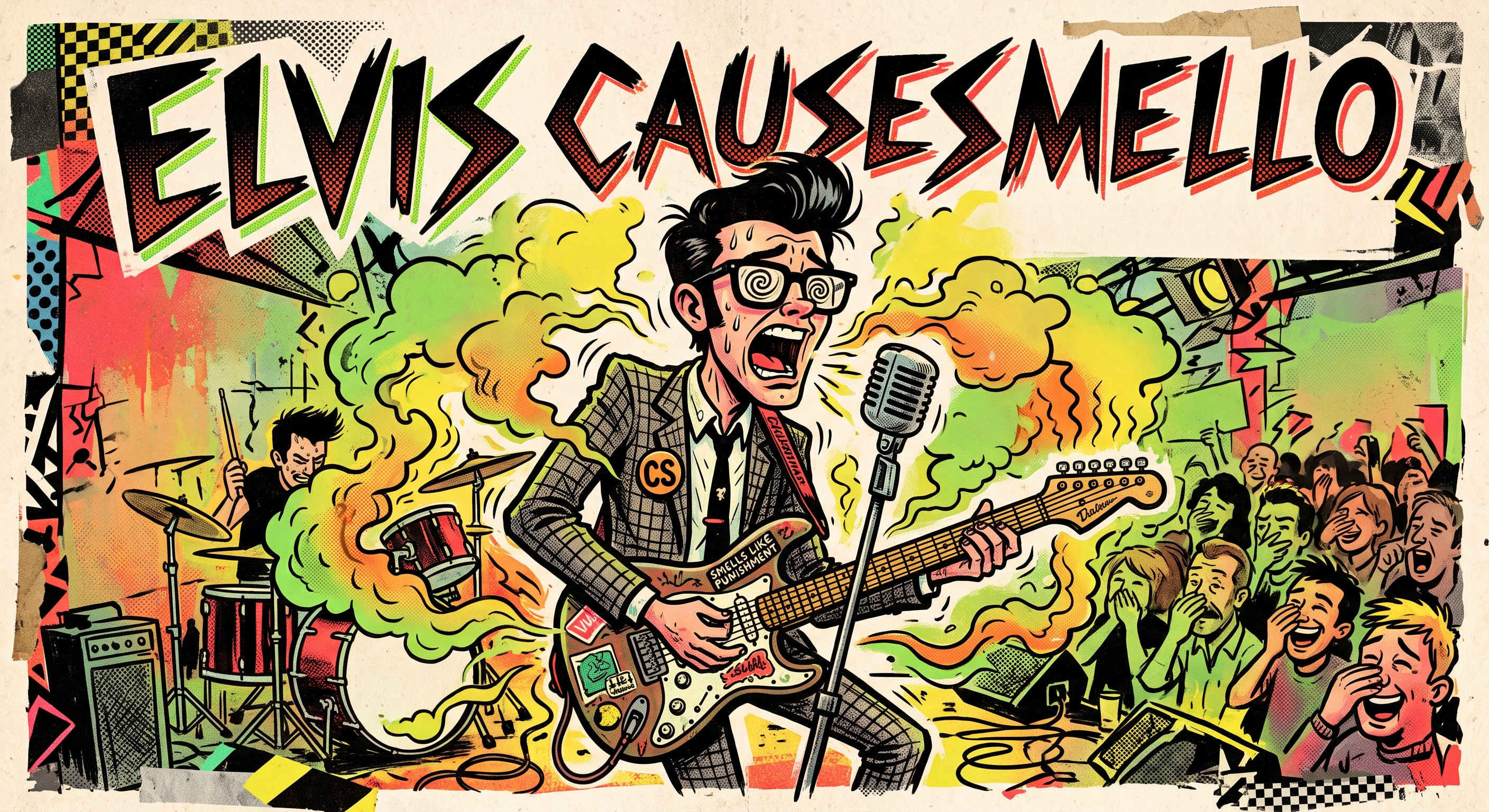 Cartoon of a nervous man in thick black glasses and a skinny tie, a tiny yappy dog between him and a heart, green stink wisps