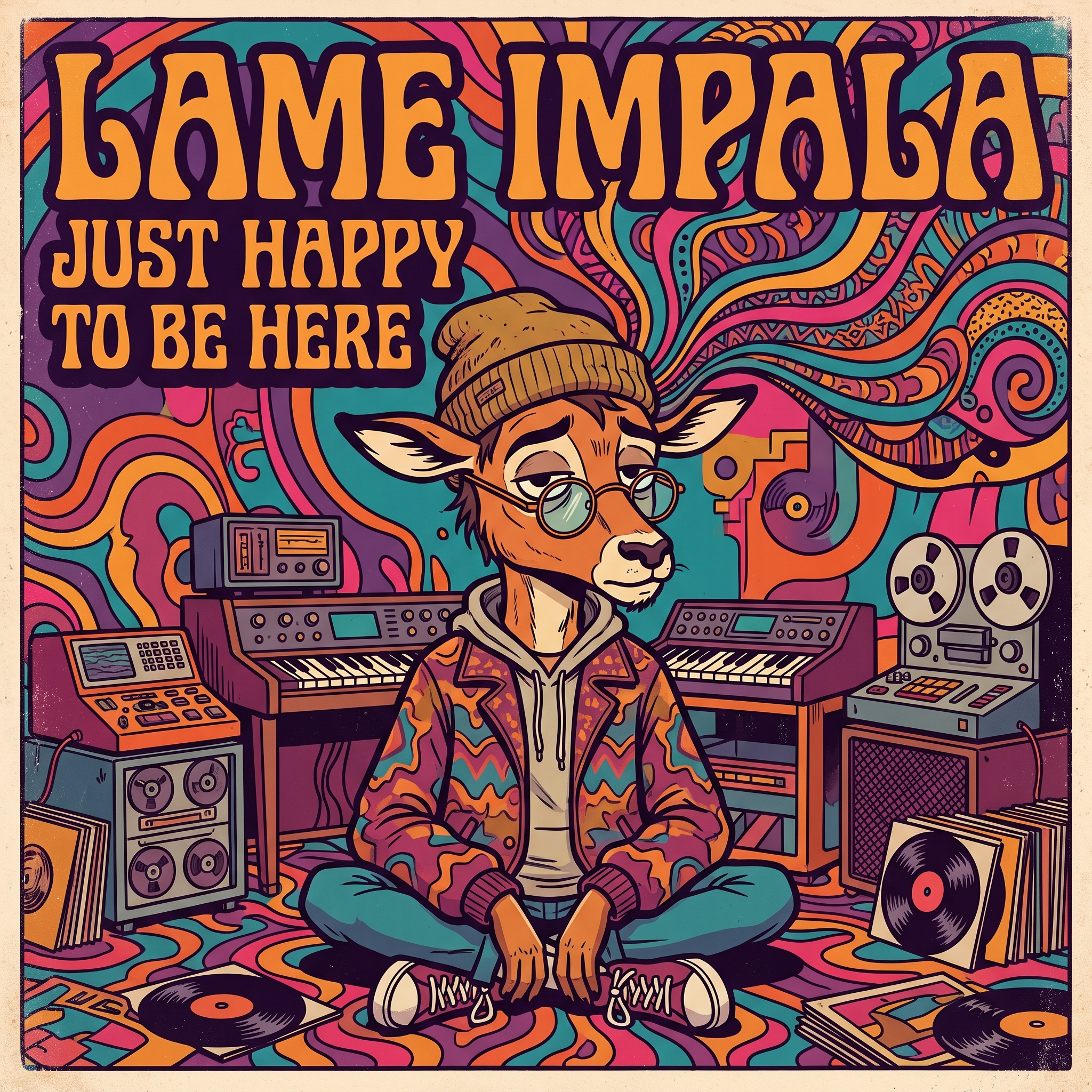 Psychedelic-swirl cartoon of a man in a bathrobe with bed-head and a third eye, holding a razor and a juice box, looking nervous