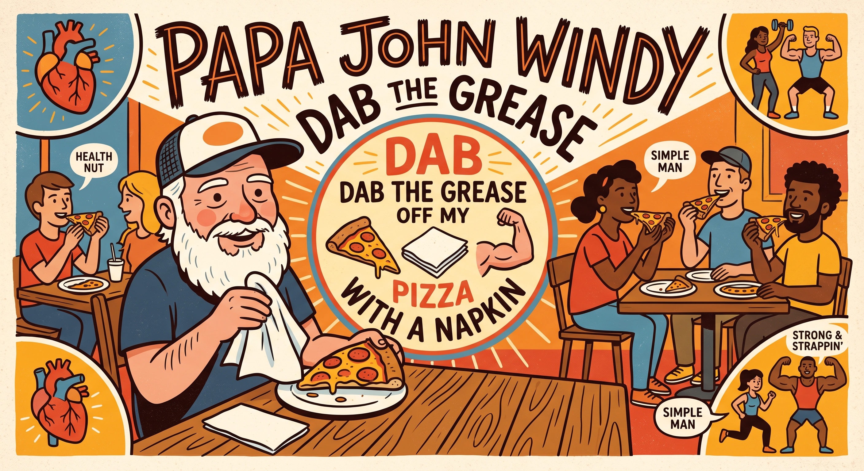 Warm-toned cartoon of a serene bearded folk singer with a flower headband delicately blotting a pizza slice with a napkin