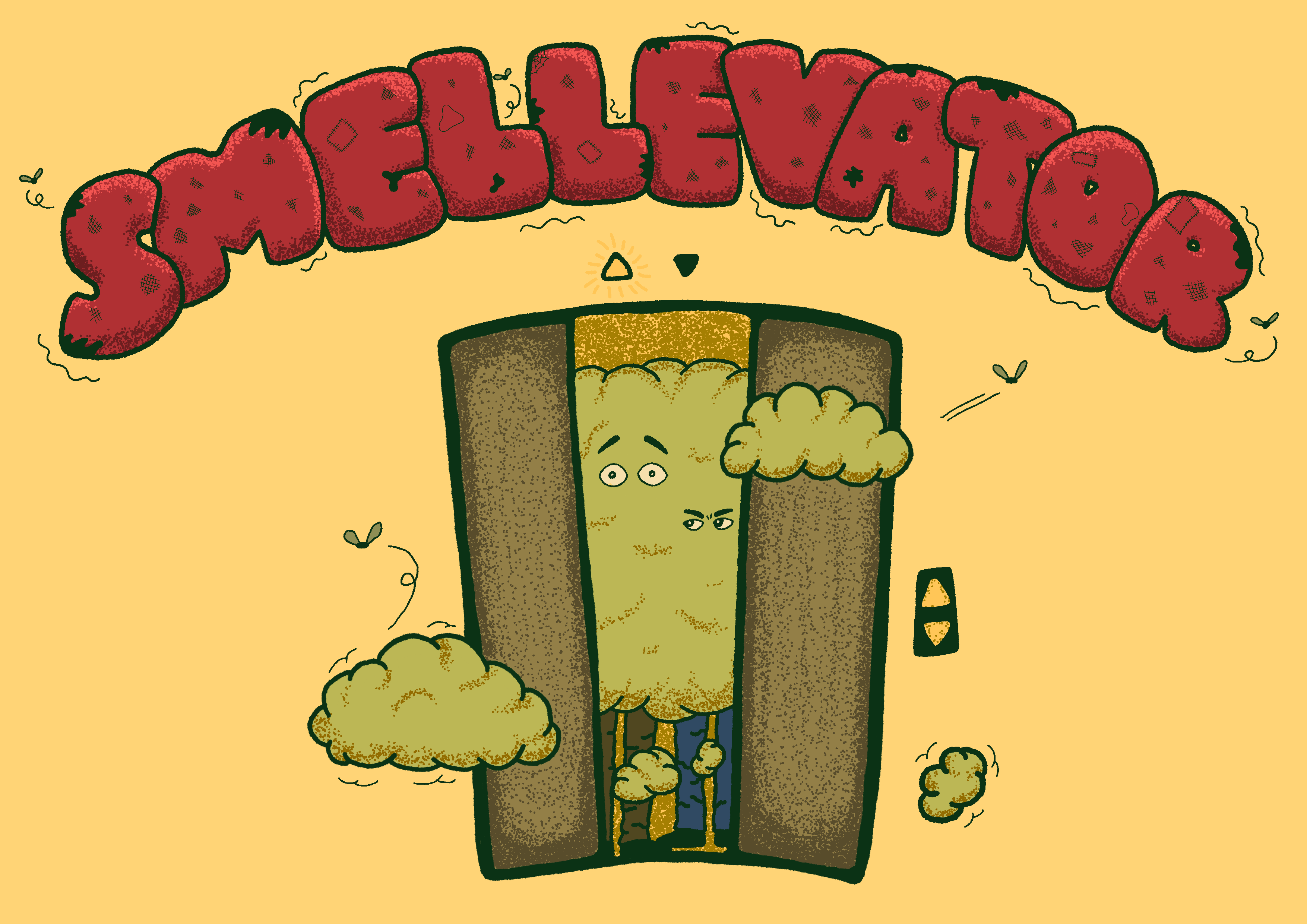 Cartoon of a green figure stuck between elevator doors surrounded by fart clouds, under a red bubble-letter SMELLEVATOR logo