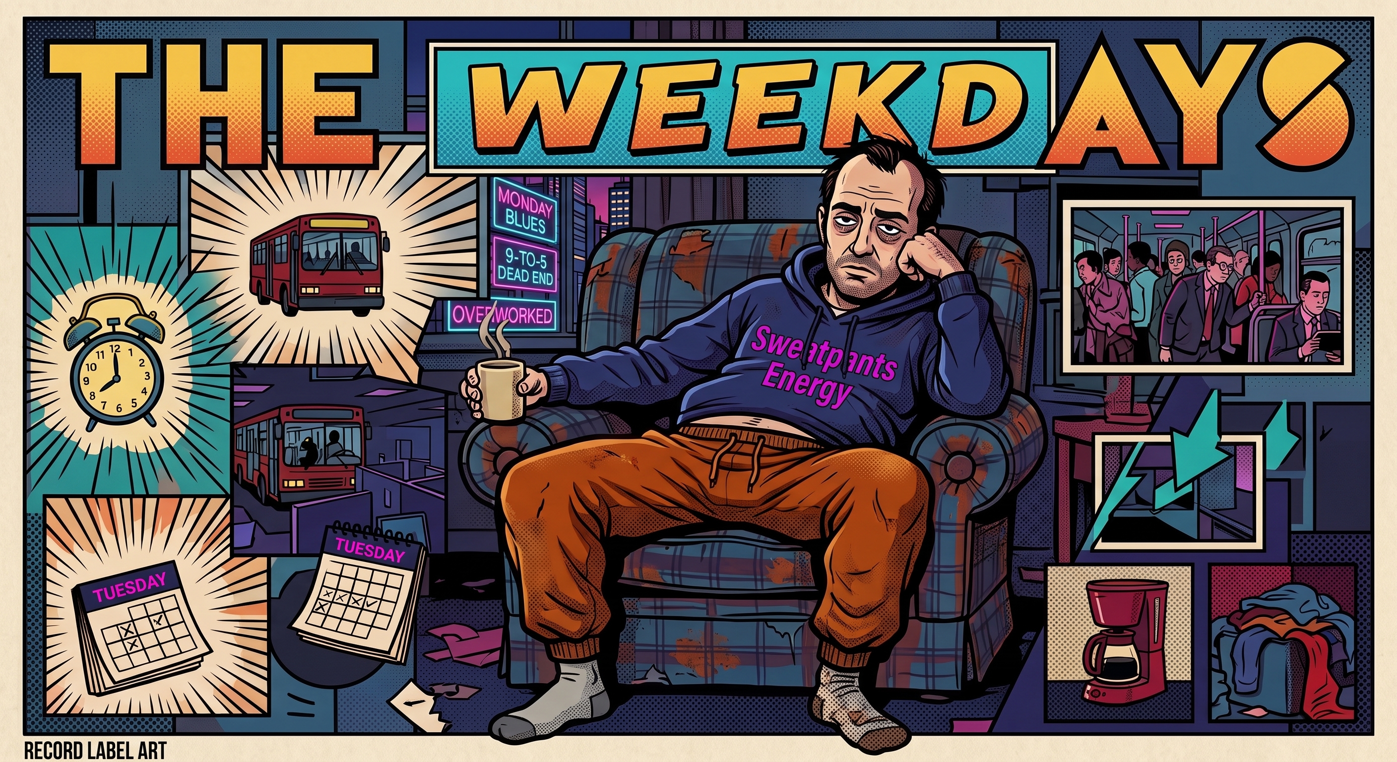 Neon-purple cartoon of a singer with tall hair, face lit by a phone glued to both hands, a glass of milk with a no symbol